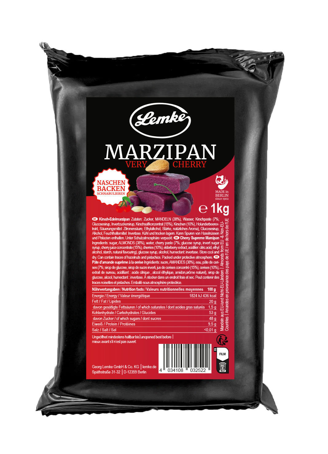 Marțipan Lemke Very Cherry - Aromă de cireșe, Fructat, Vegan, Capacitate 1 kg, Dimensiune pachet 1 kg