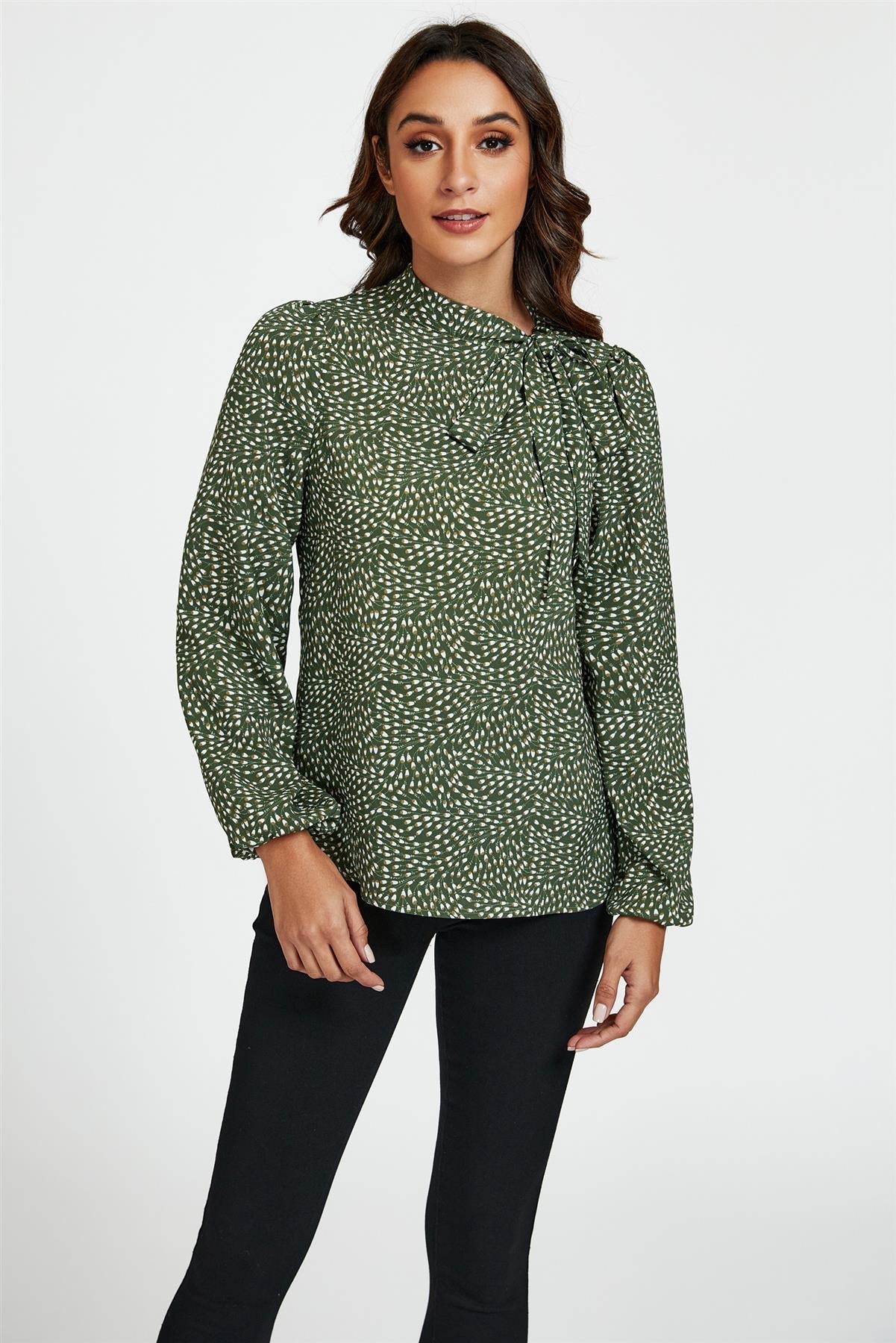 Floral Print Side Tie Blouse Top In Olive