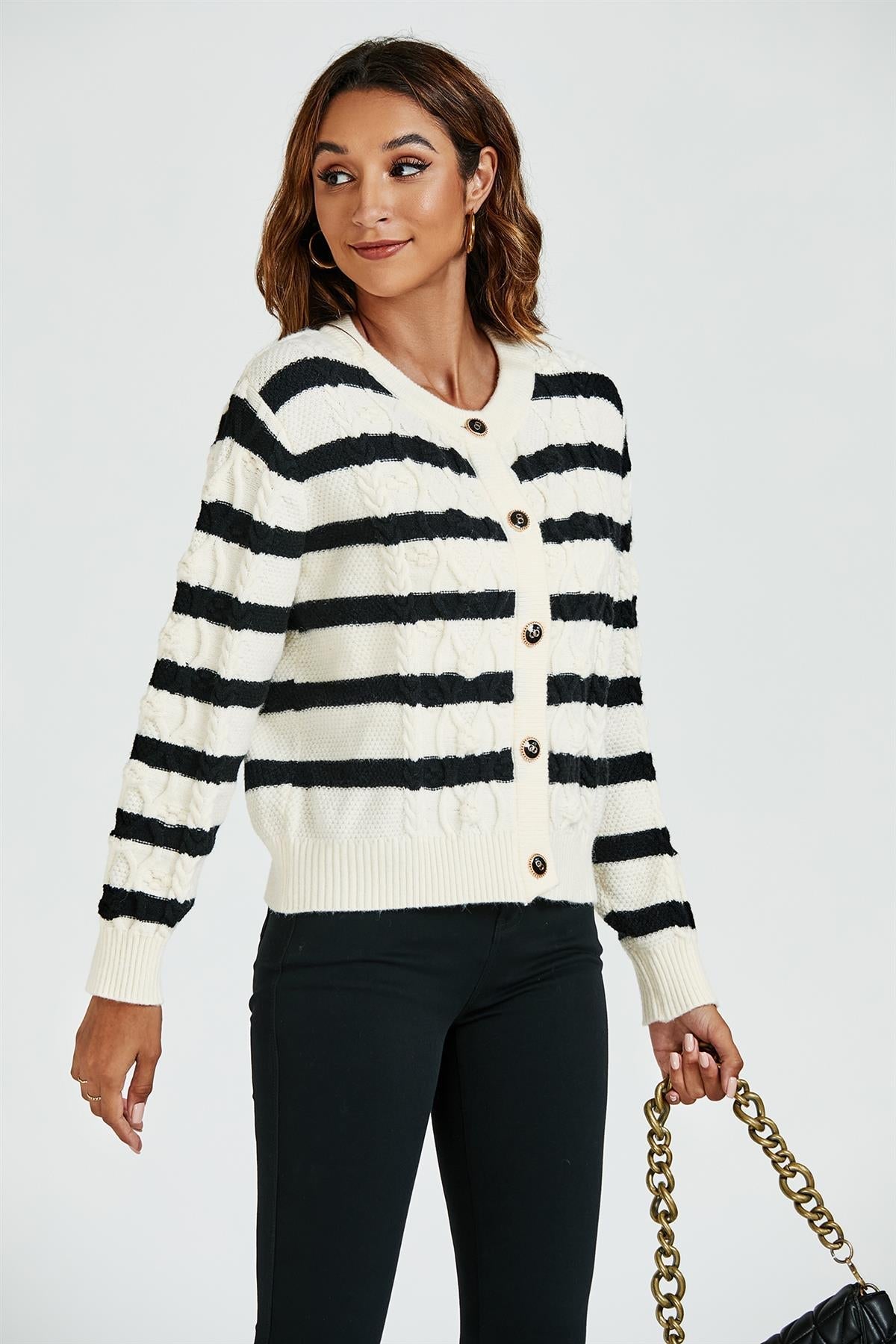 Stripe Pattern Knitted Cardigan In Black