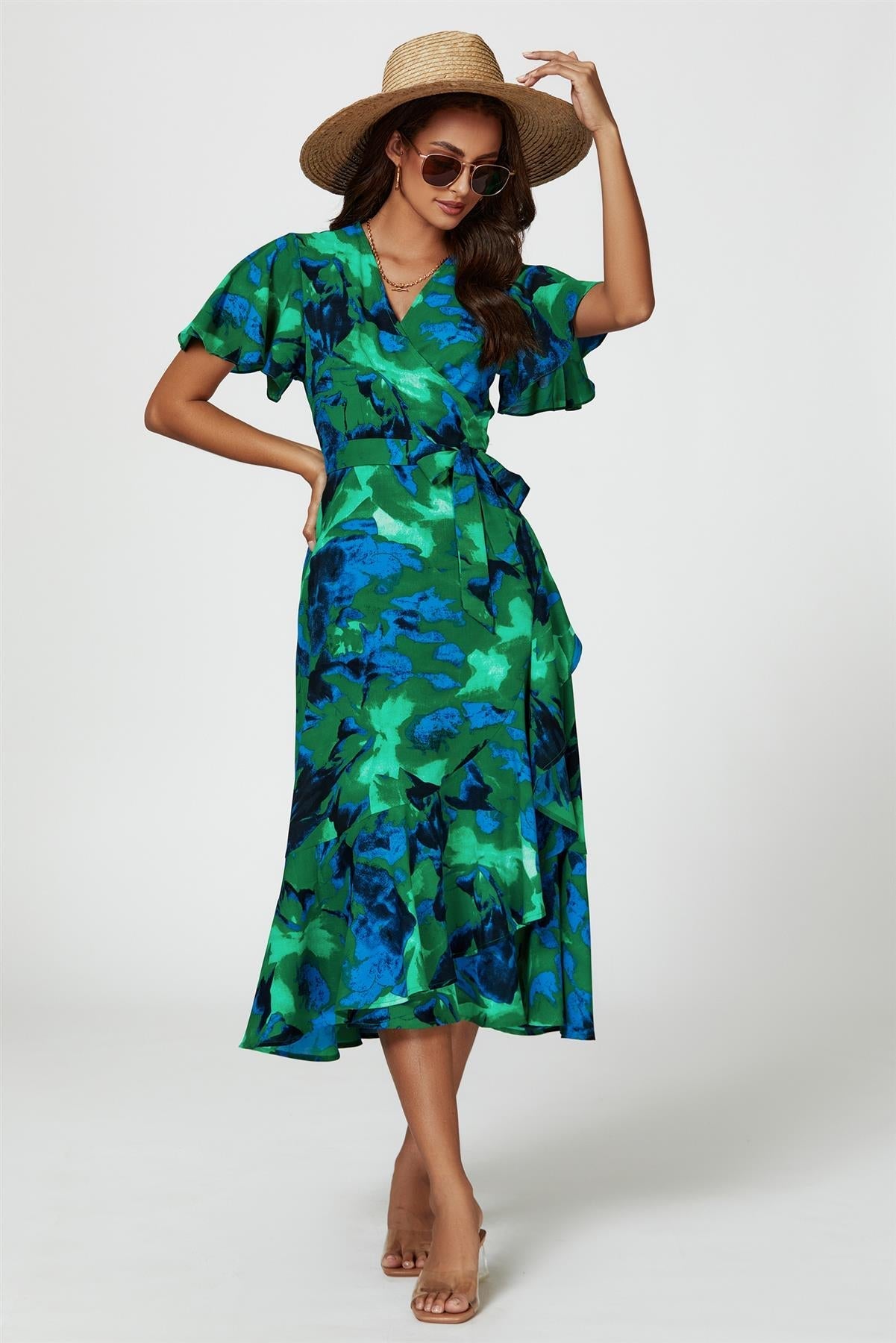 Rochie midi înfășurată cu imprimeu abstract, verde