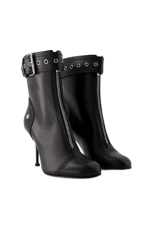 Stiefeletten mit Absatz - Alexander Mcqueen - Leder - Schwarz/Silber