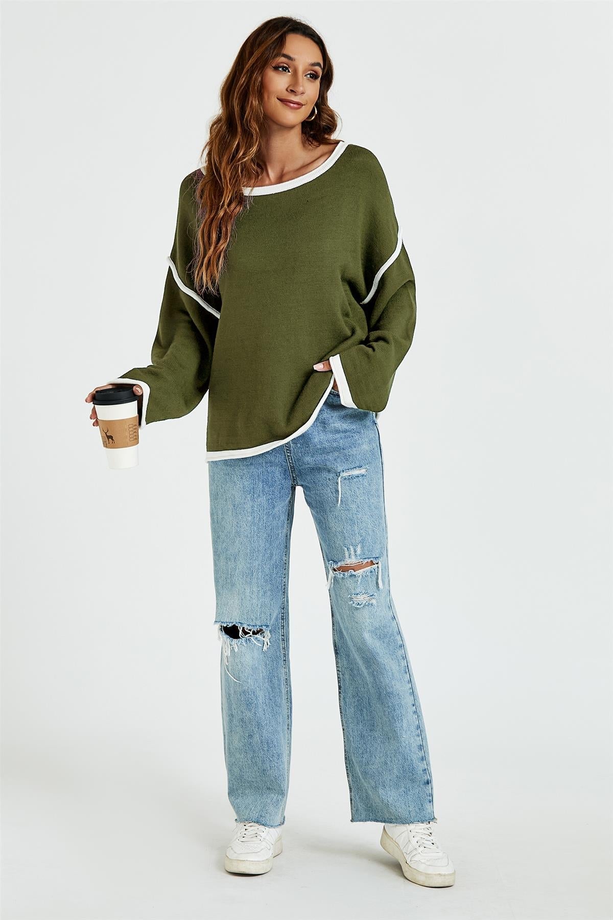 White Striped Oversized Jumper Top In Khaki Green