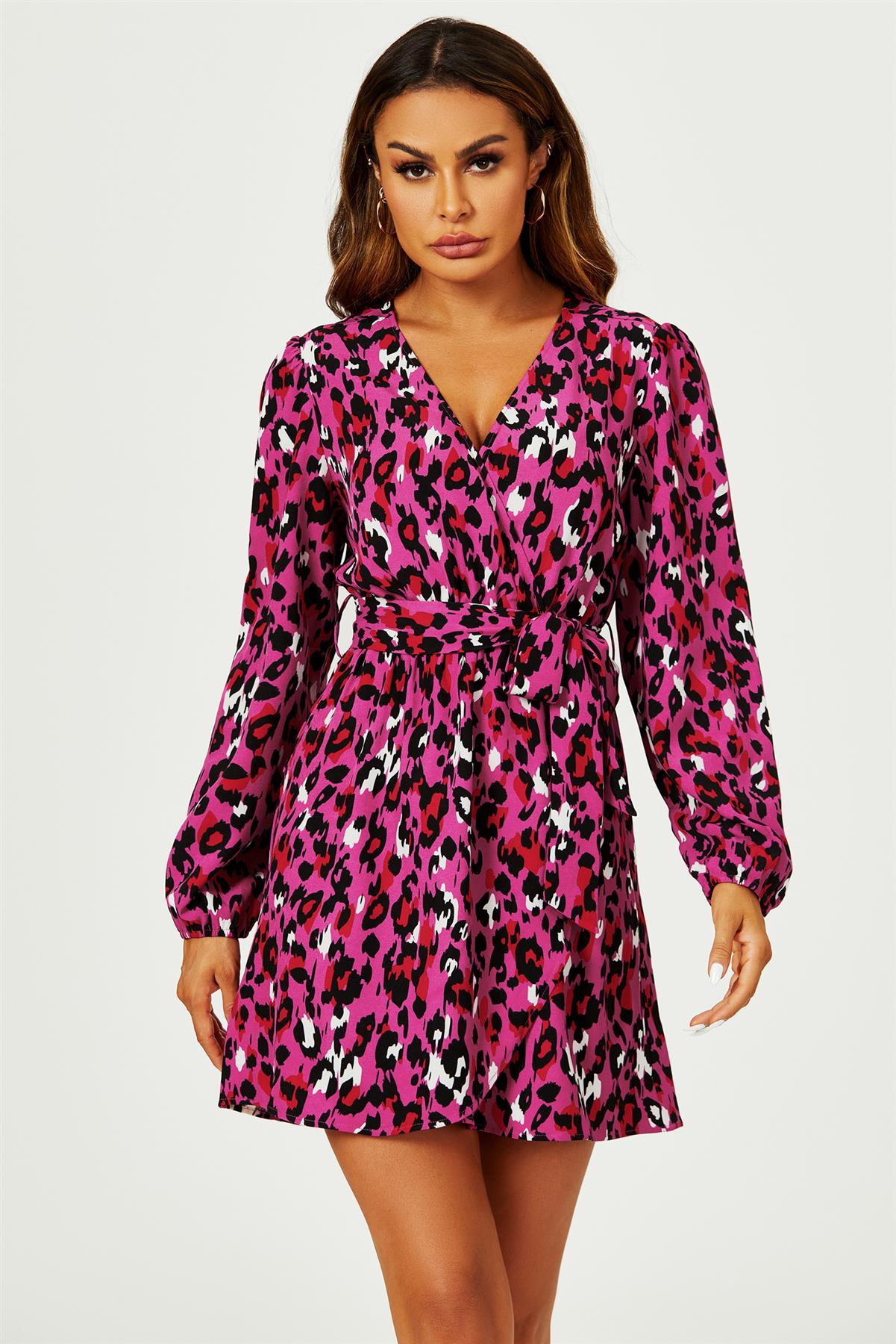 Leopard Print Wrap Top Mini Dress In Magenta