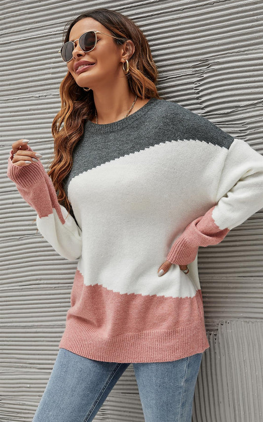 Grey & Pink Block Colour Jumper Top In White