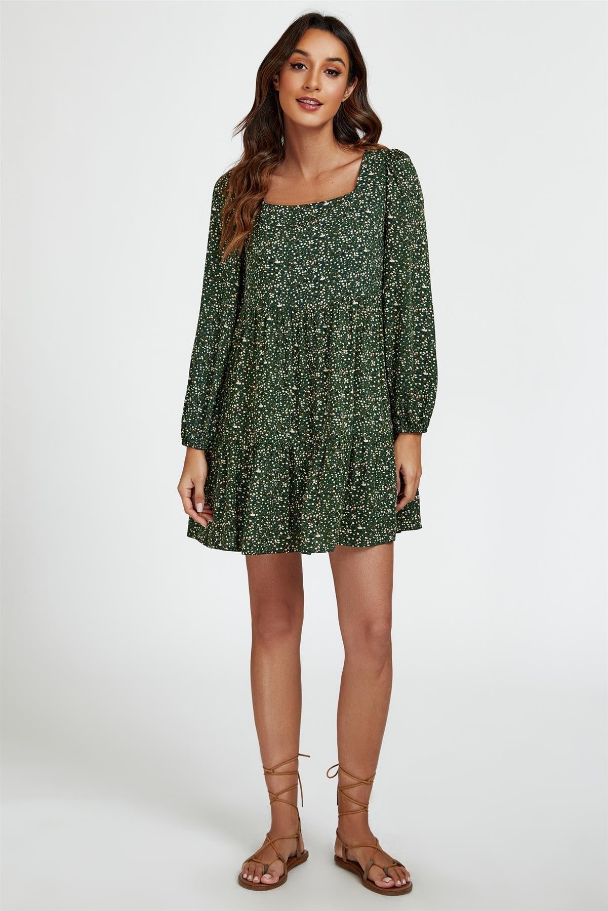 Little Floral Print Square Neck Mini Dress In Olive Green