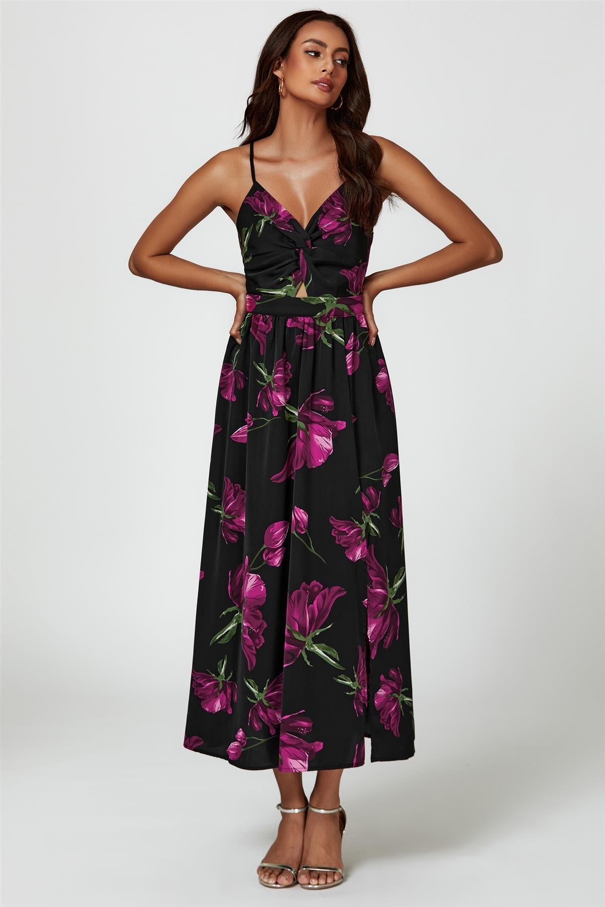 Floral Print Maxi Dress In Black