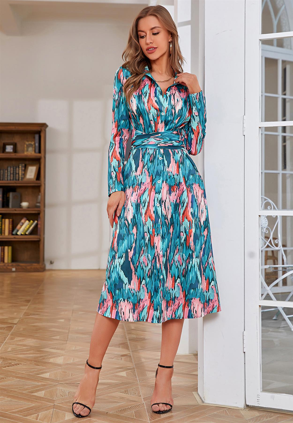 Multi Color Print Shirt Midi Wrap Dress In Green & Pink