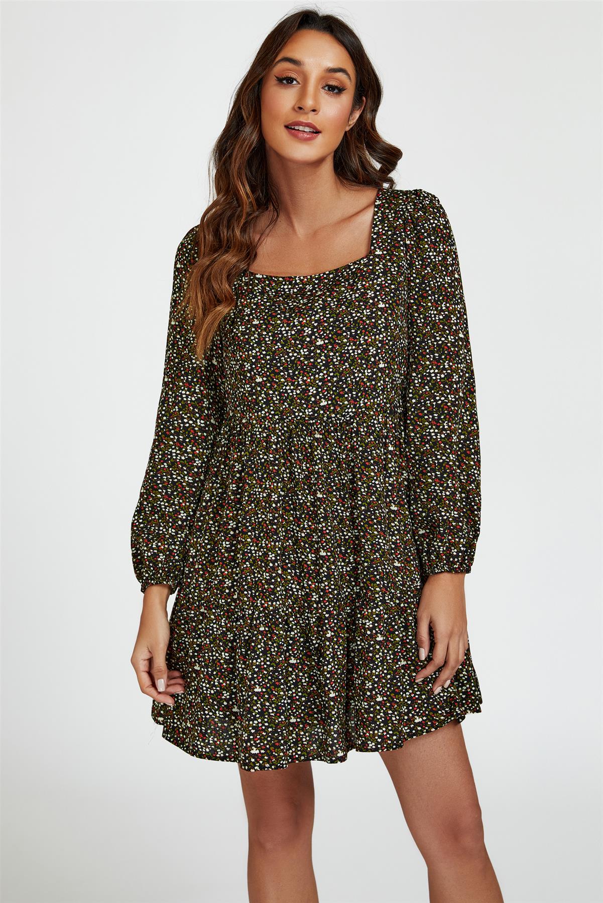 Little Floral Print Square Neck Mini Dress In Black