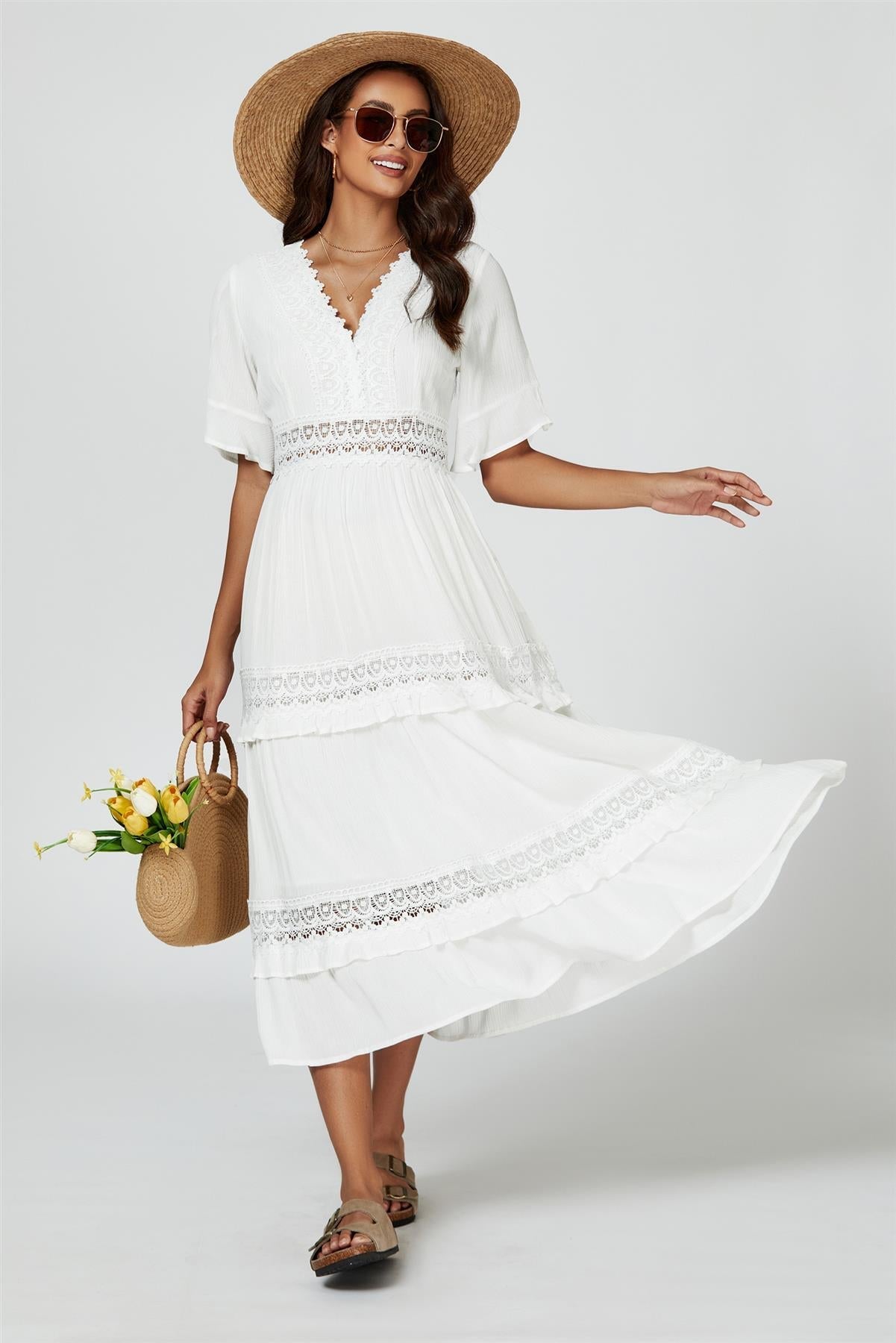 V Neck Lace Detail Midi Dress In White