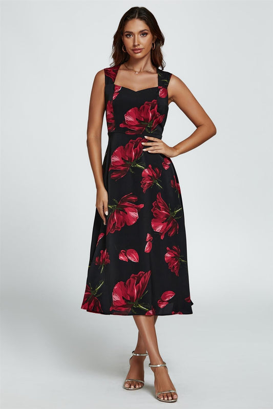 Floral Print Heart Neck Midi Dress In Black