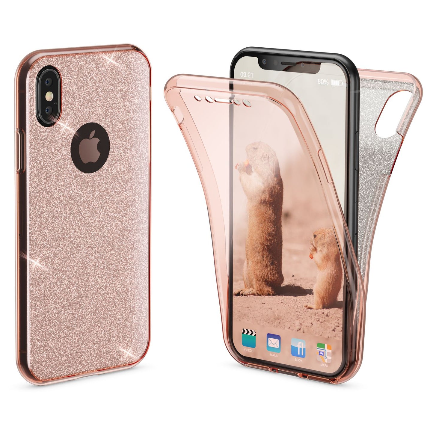 NALIA 360 Grad Hülle für Apple iPhone XS X Glitter Handy Cover Case Silikon Etui