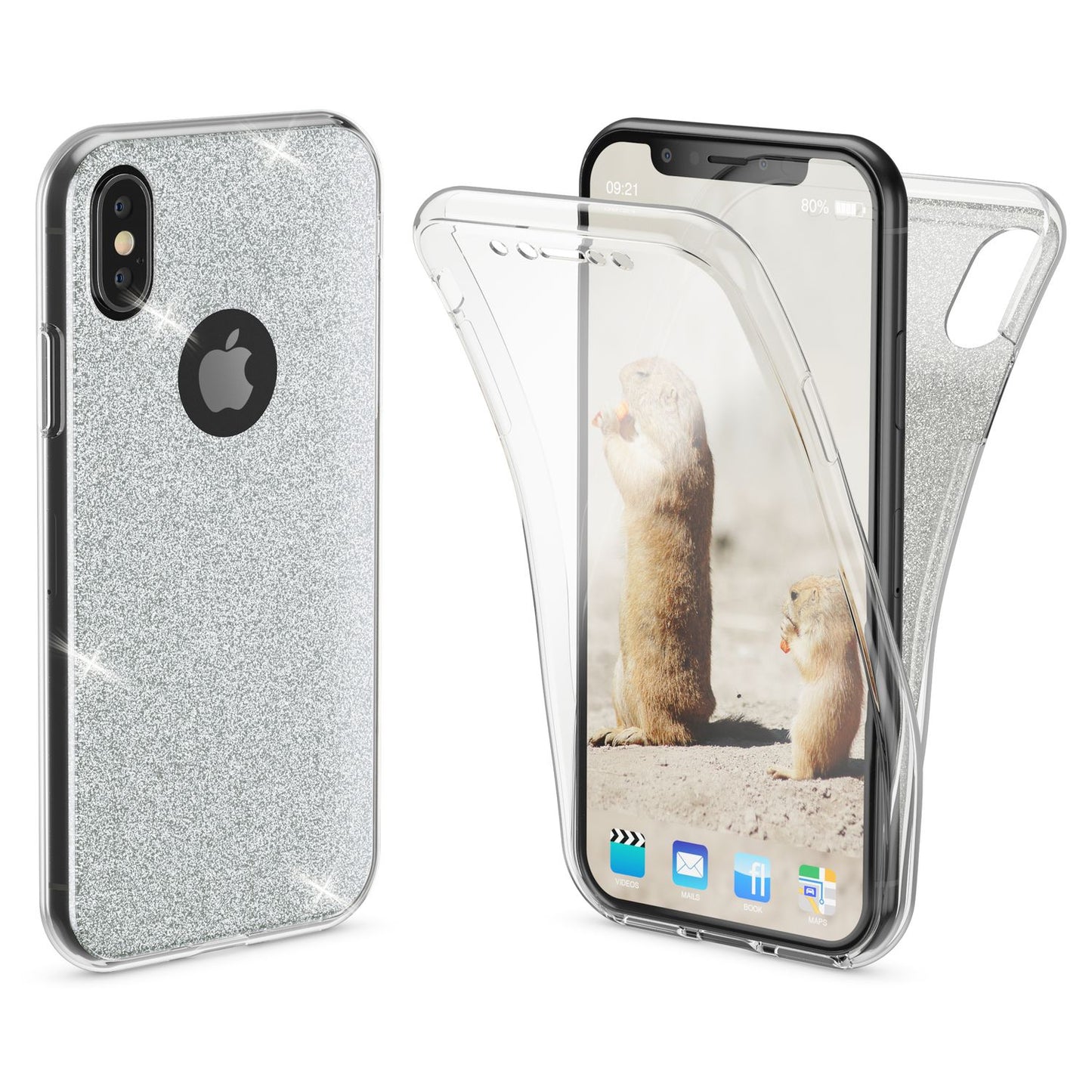 NALIA 360 Grad Hülle für Apple iPhone XS X Glitter Handy Cover Case Silikon Etui