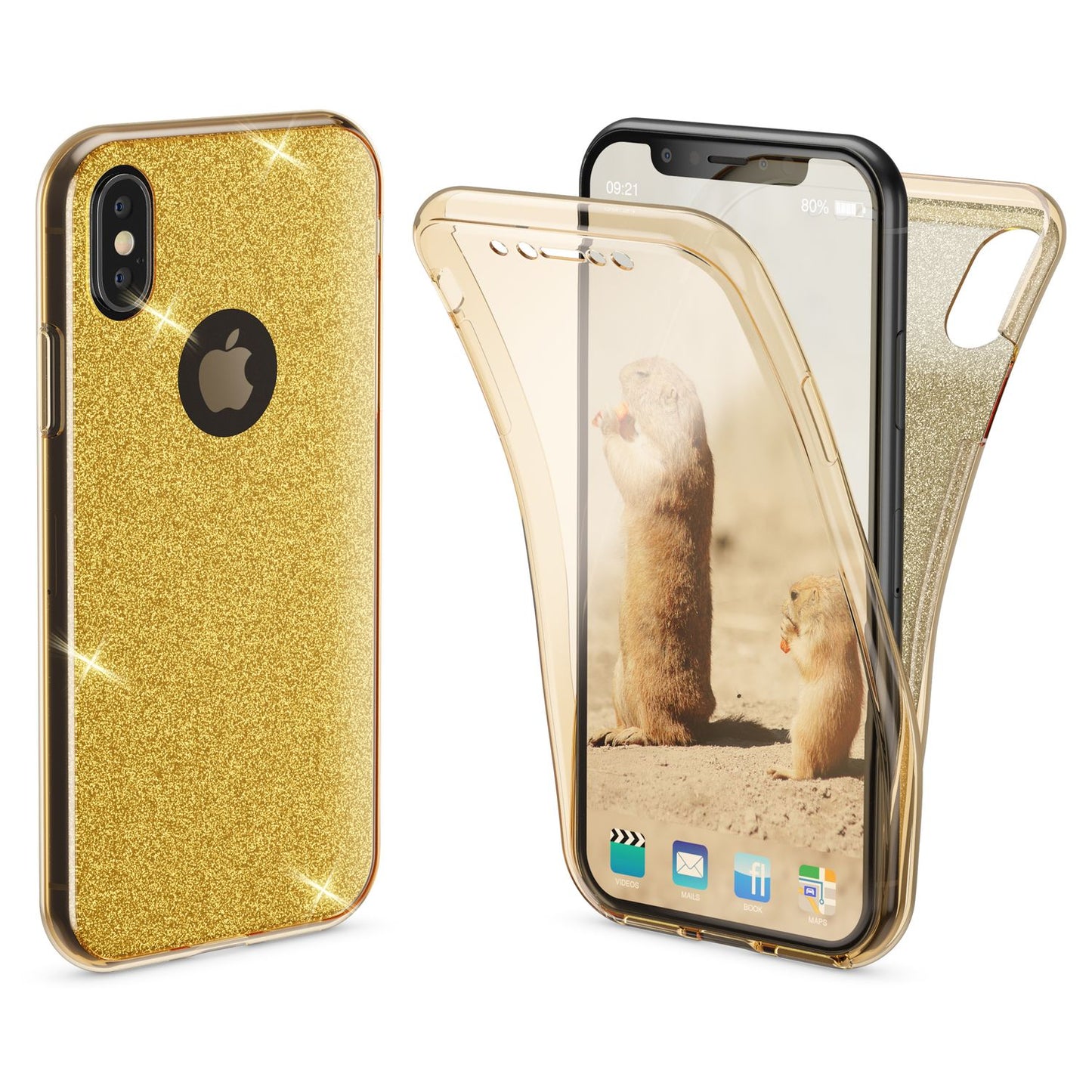 NALIA 360 Grad Hülle für Apple iPhone XS X Glitter Handy Cover Case Silikon Etui