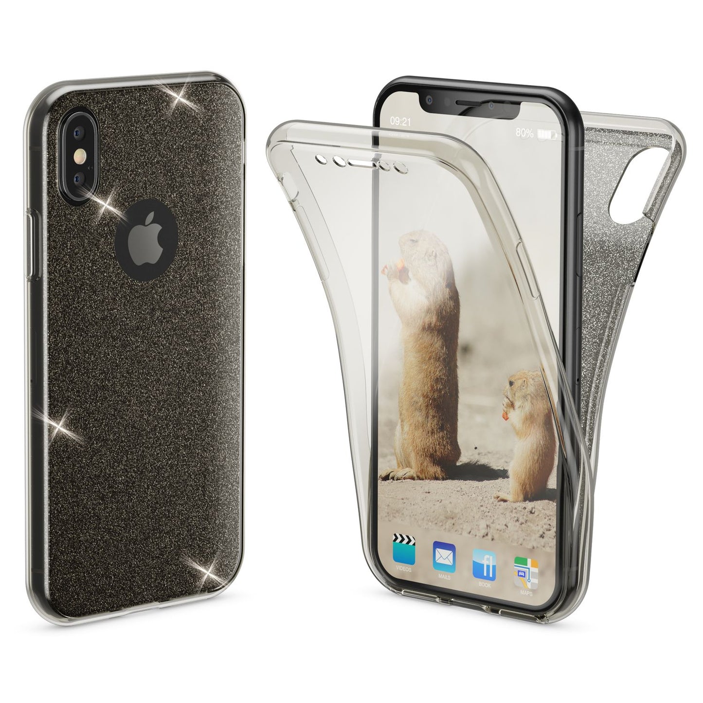 NALIA 360 Grad Hülle für Apple iPhone XS X Glitter Handy Cover Case Silikon Etui