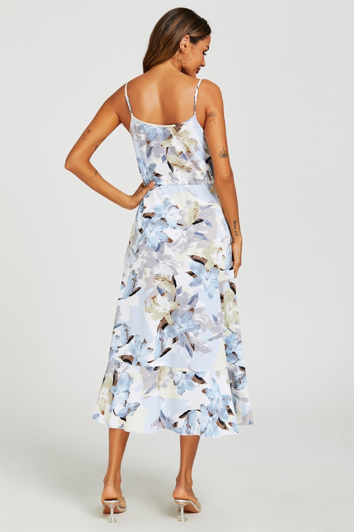 Floral Print Button Down High Low Strappy Dress In Blue