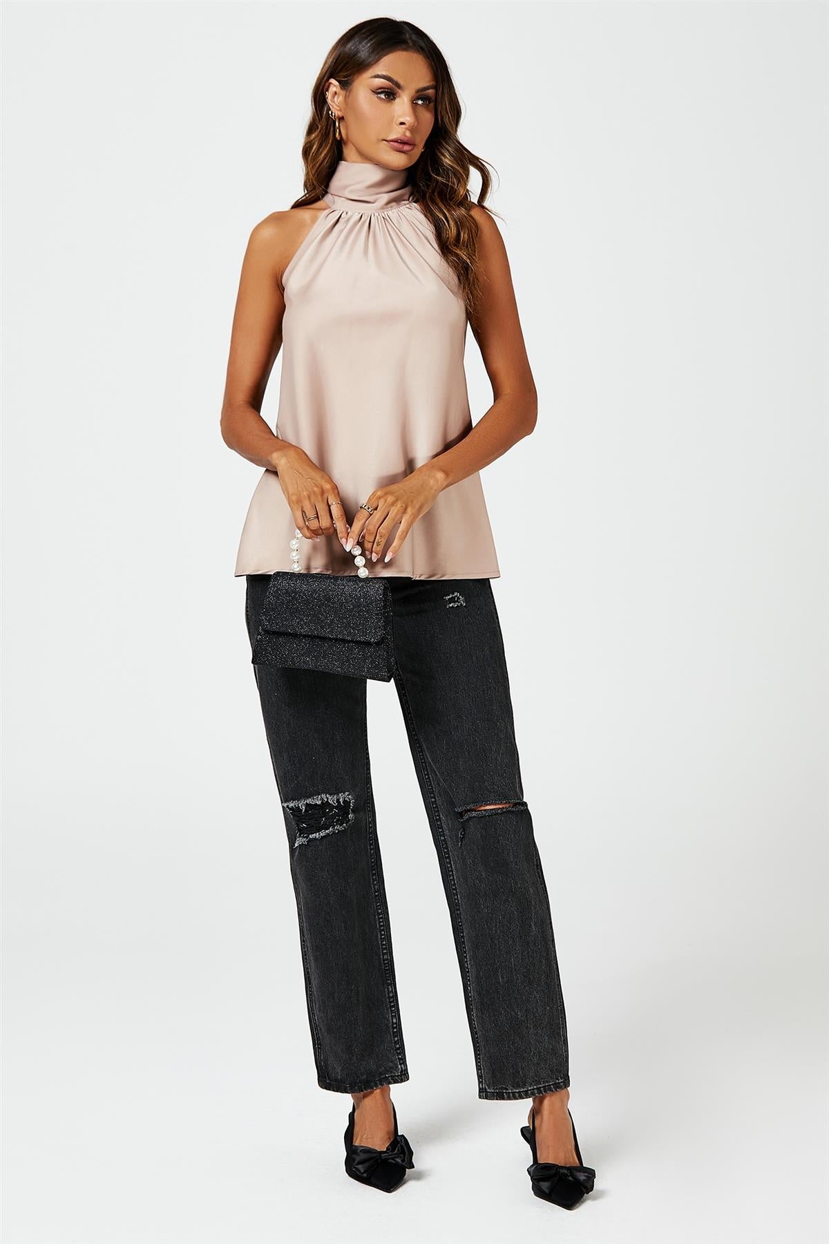 Top din satin cu legături la spate și guler, maro deschis