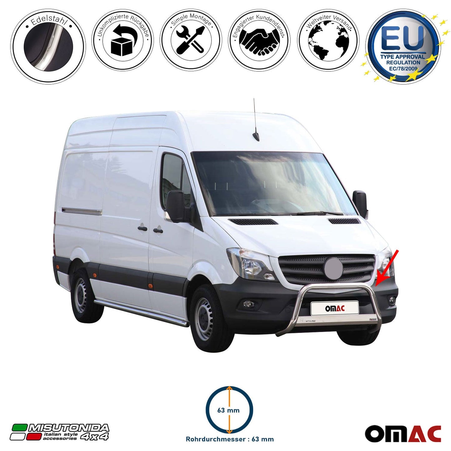 Bară de protecție/buton față pentru Mercedes Sprinter 2013-2018, ø63mm, oțel, argintiu