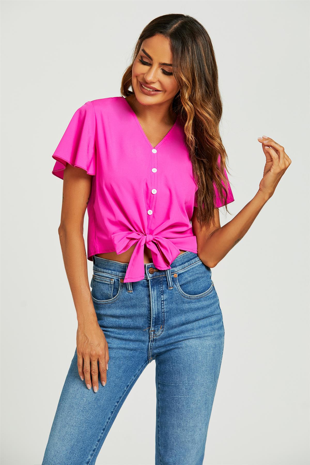 Cute Tie Knot Front Buttoned Crop T Shirt Top In Fuchsia Pink
