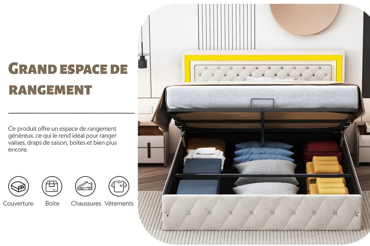Boxspringbett Mit Hydraulischem Stauraum Und LED Beleuchtung Samtbezug