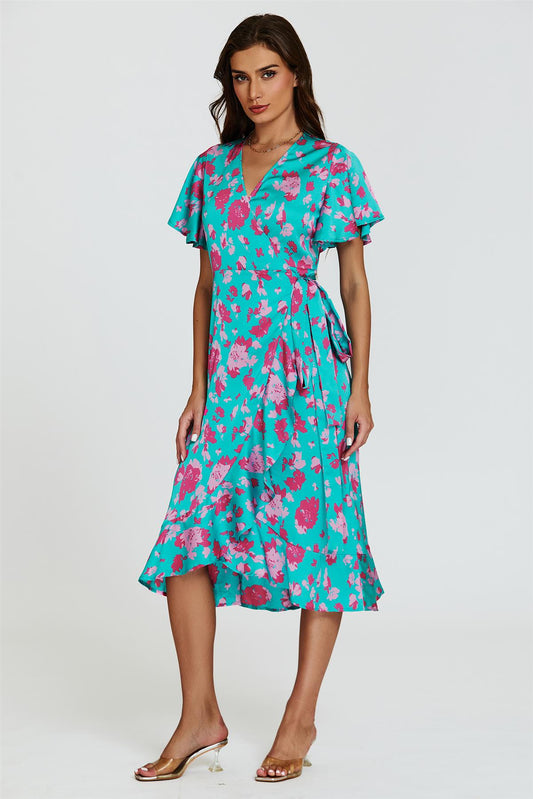 Turquoise & Hot Pink Print Angel Sleeve Wrap Midi Dress