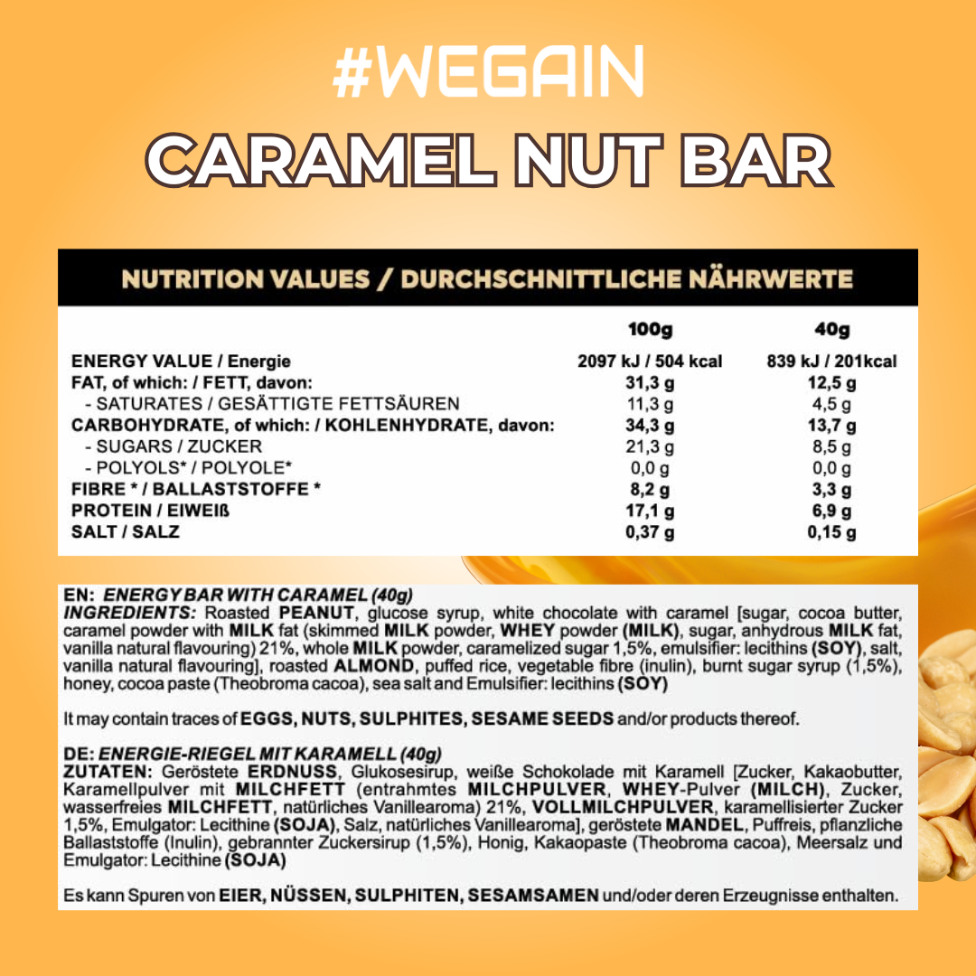 Batoane cu nuci și caramel WEGAIN - Tavă 40g 12 batoane