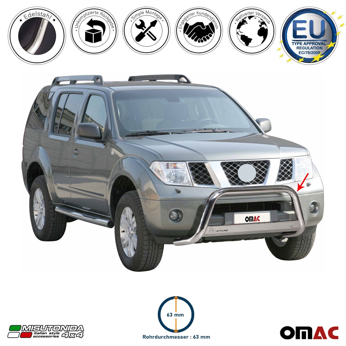 Frontbügel Frontschutzbügel für Nissan Navara 2005-2010 ø63mm Stahl Silber