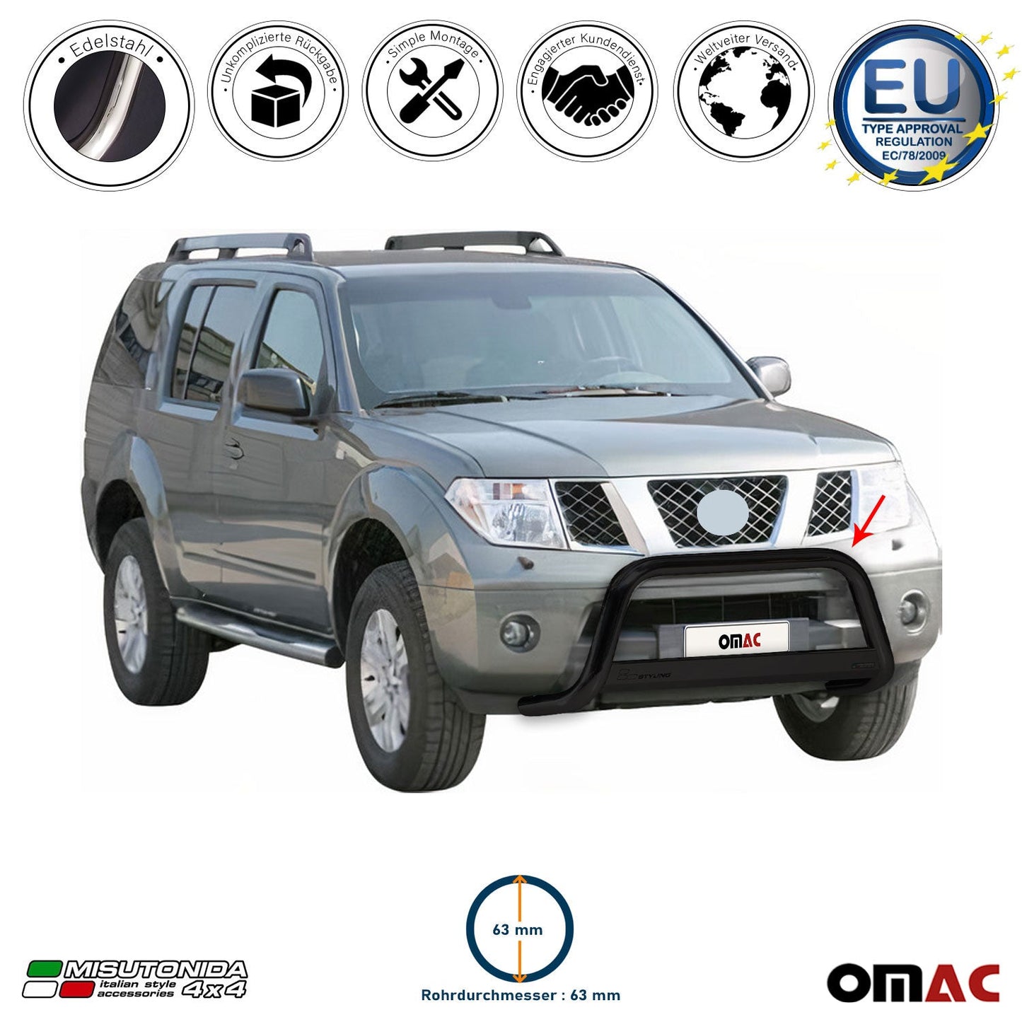 Bară de protecție/buton față pentru Nissan Pathfinder 2005-2011 ø63mm oțel negru