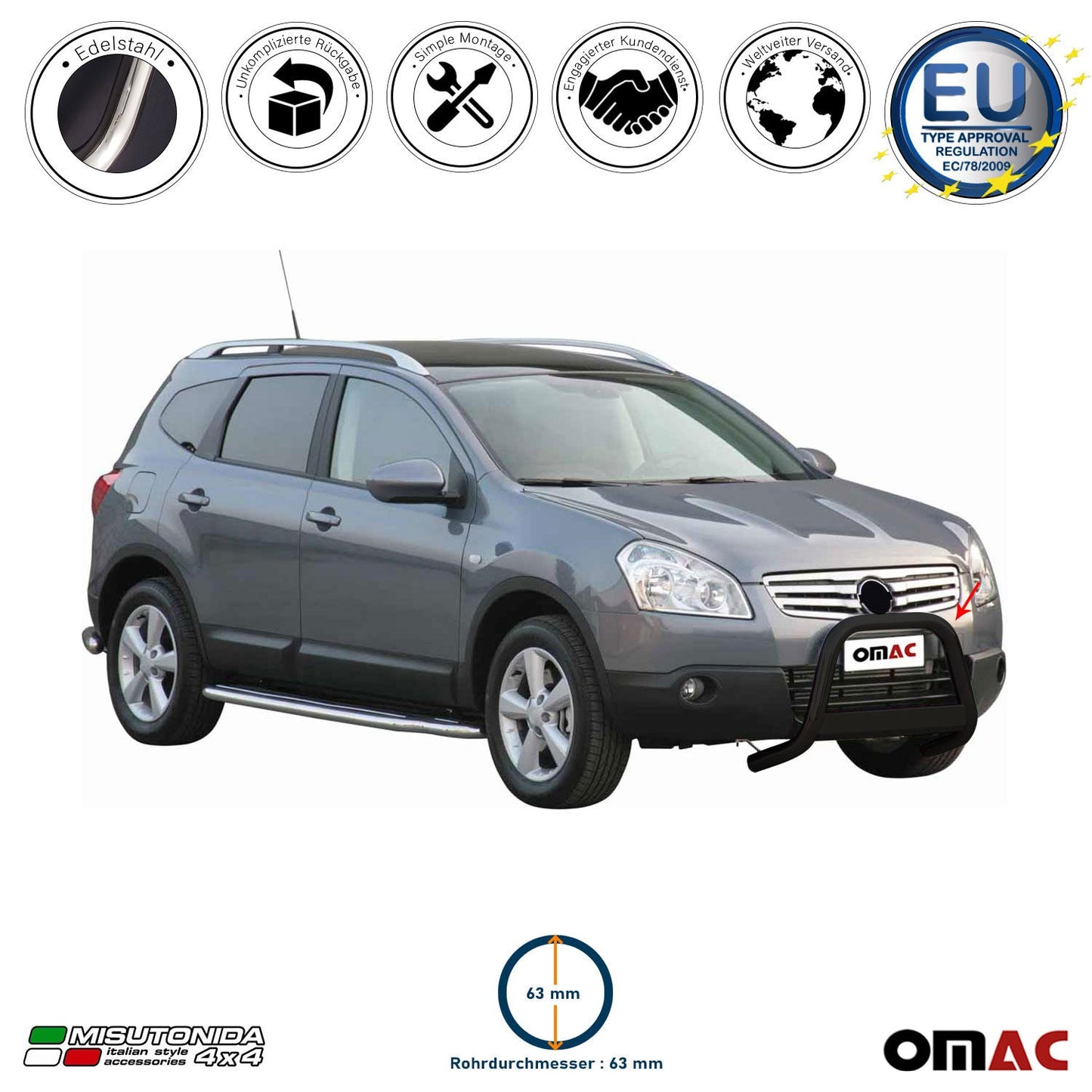 Bară de protecție/buton față pentru Nissan Qashqai +2 2008-2013 ø63mm oțel negru
