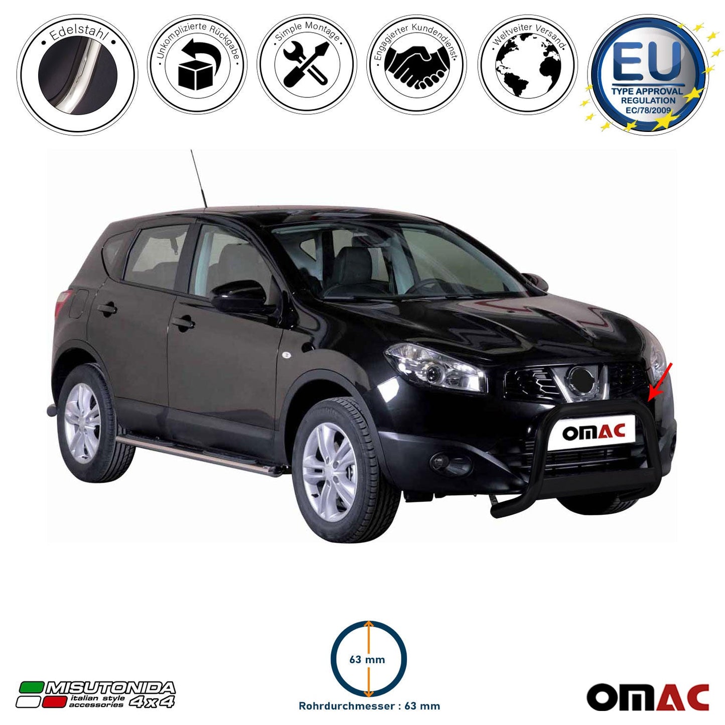 Bară de protecție/buton față pentru Nissan Qashqai 2010-2013, ø63mm, oțel, negru