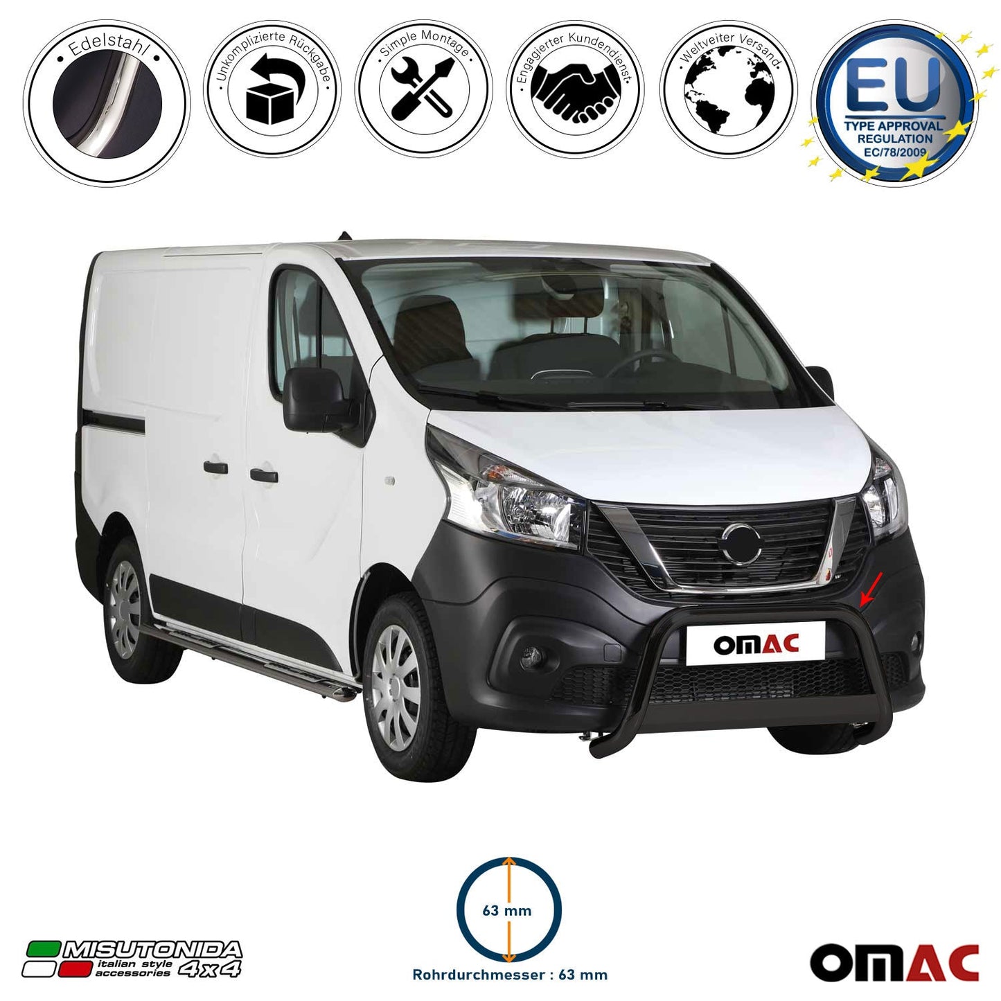 Bară de protecție/buton față pentru Nissan NV300 2016-2021 ø63mm oțel negru