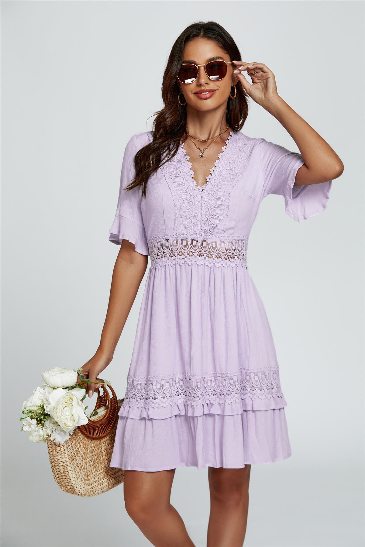 V Neck Lace Mini Dress In Purple
