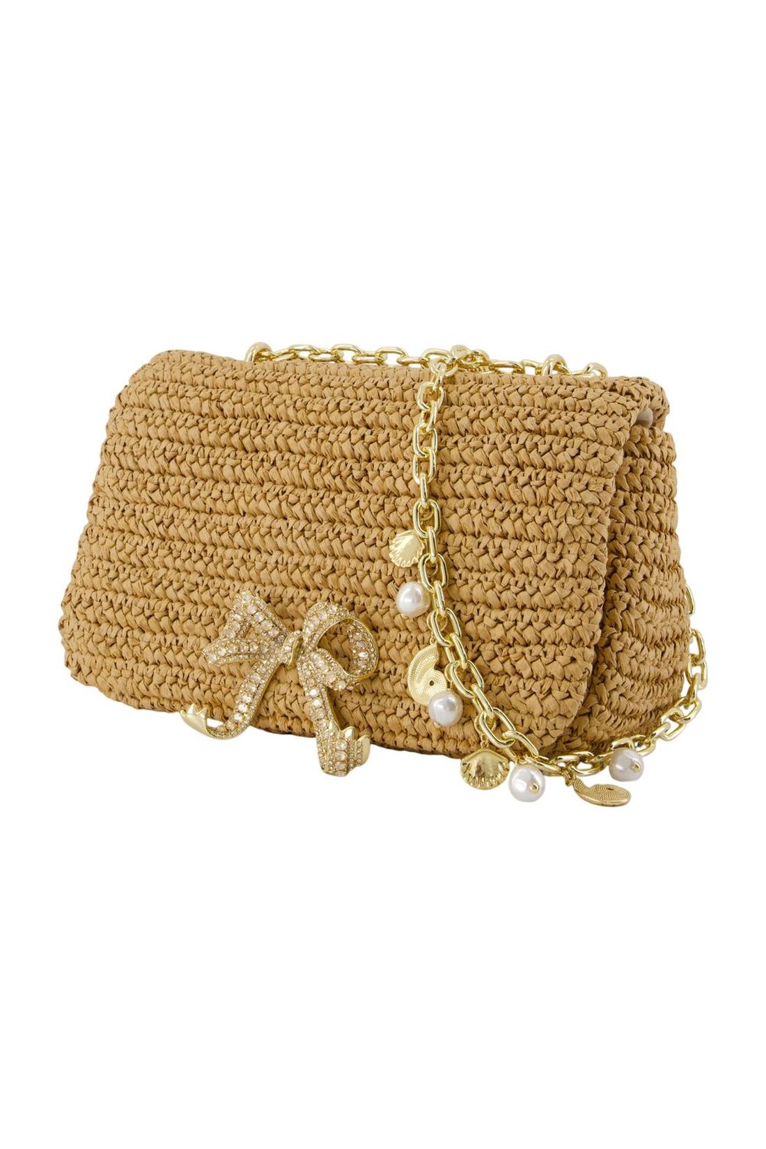 Bow Charm Schultertasche - SELF PORTRAIT - Raphia - Braun