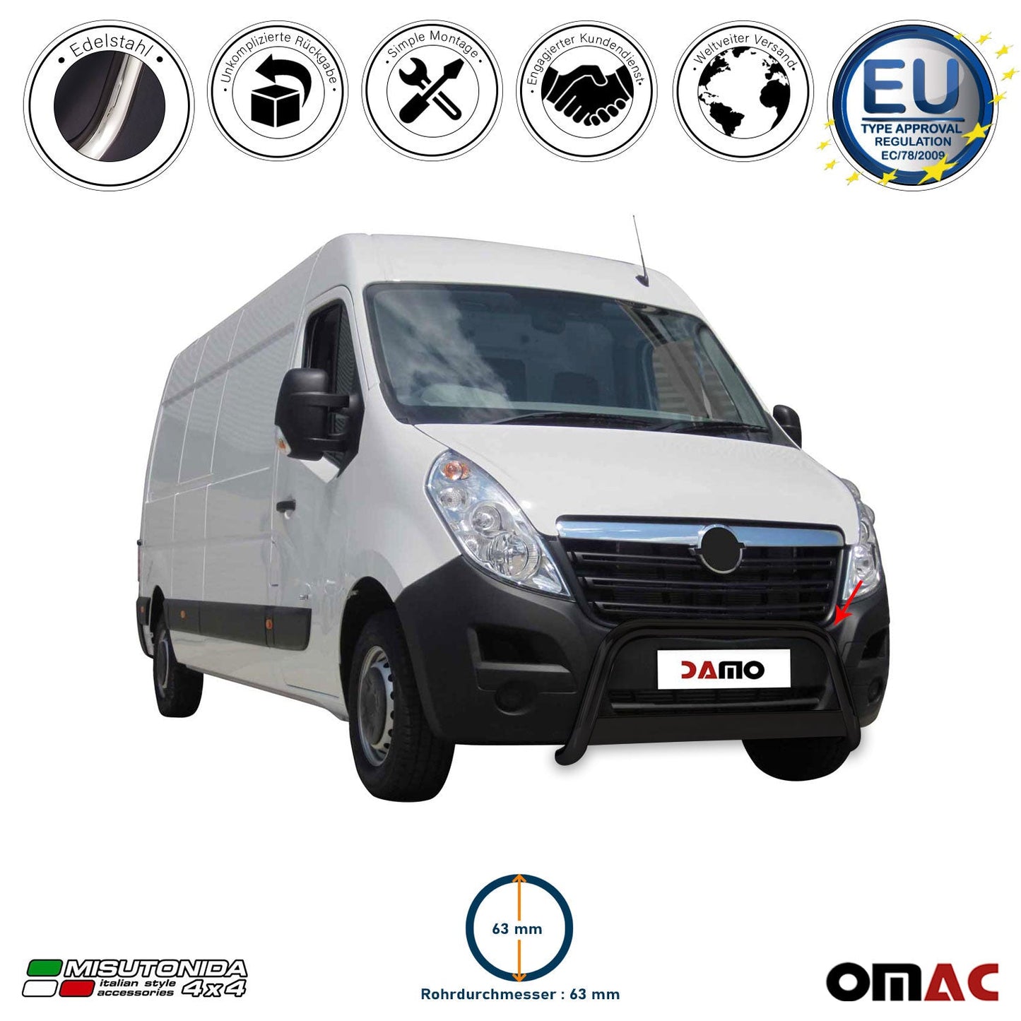 Bară de protecție/buton față pentru Opel Movano 2010-2021, ø63mm, oțel, negru, protecție