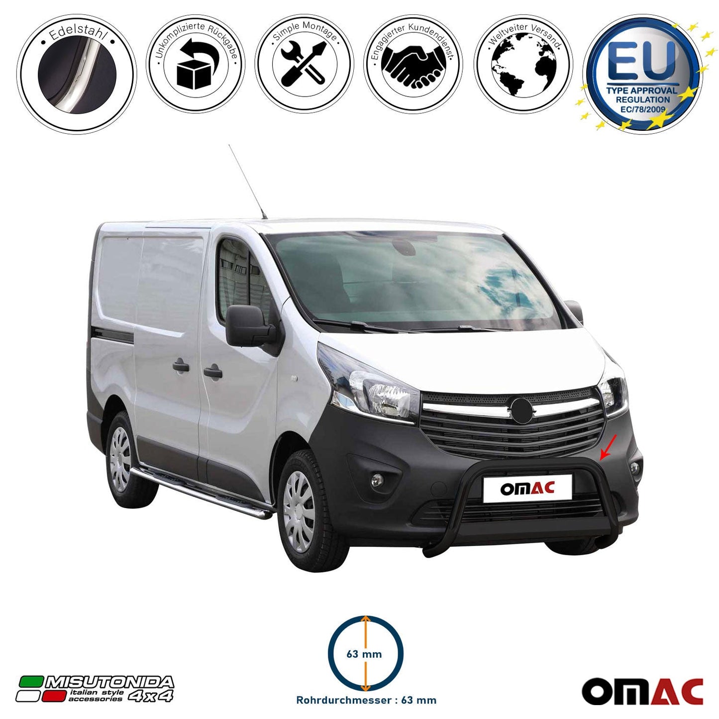 Bară de protecție/buton față pentru Opel Vivaro 2014-2018, ø63mm, oțel, negru, protecție