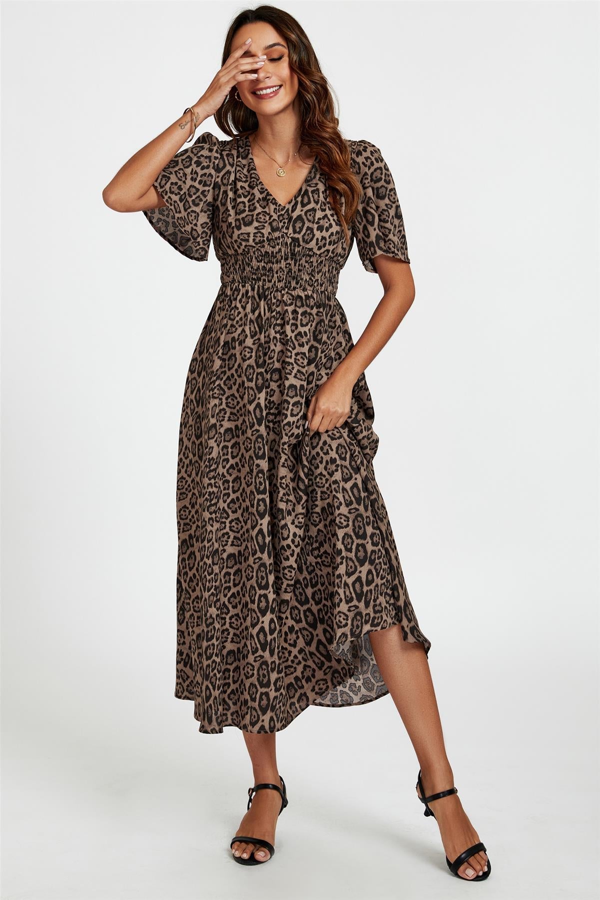 Leopard Print V Neck Midi Dress In Brown