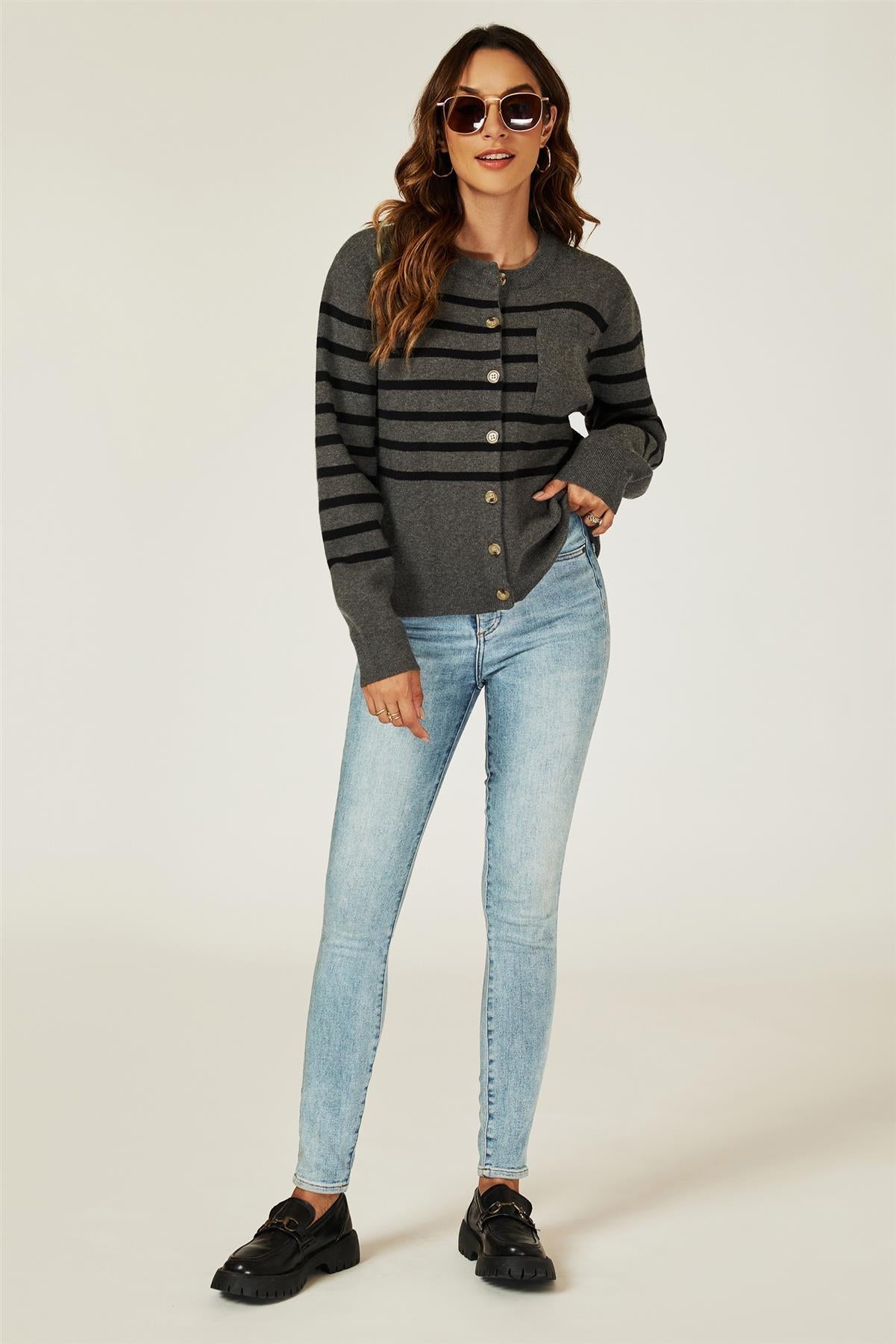 Pocket Stripe Knitted Cardigan In Dark Grey