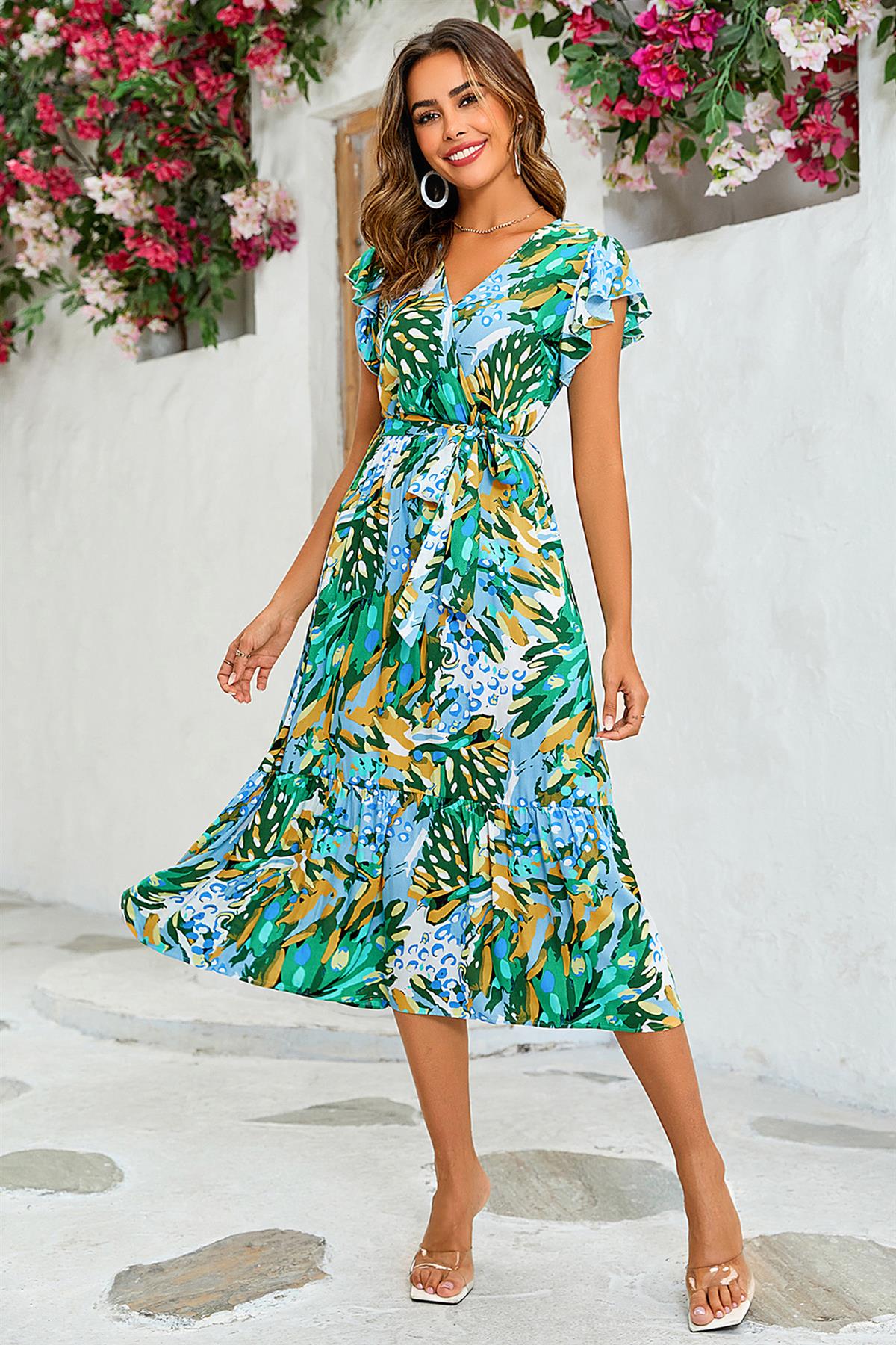 Floral Print Wrap Dress In Yellow & Green