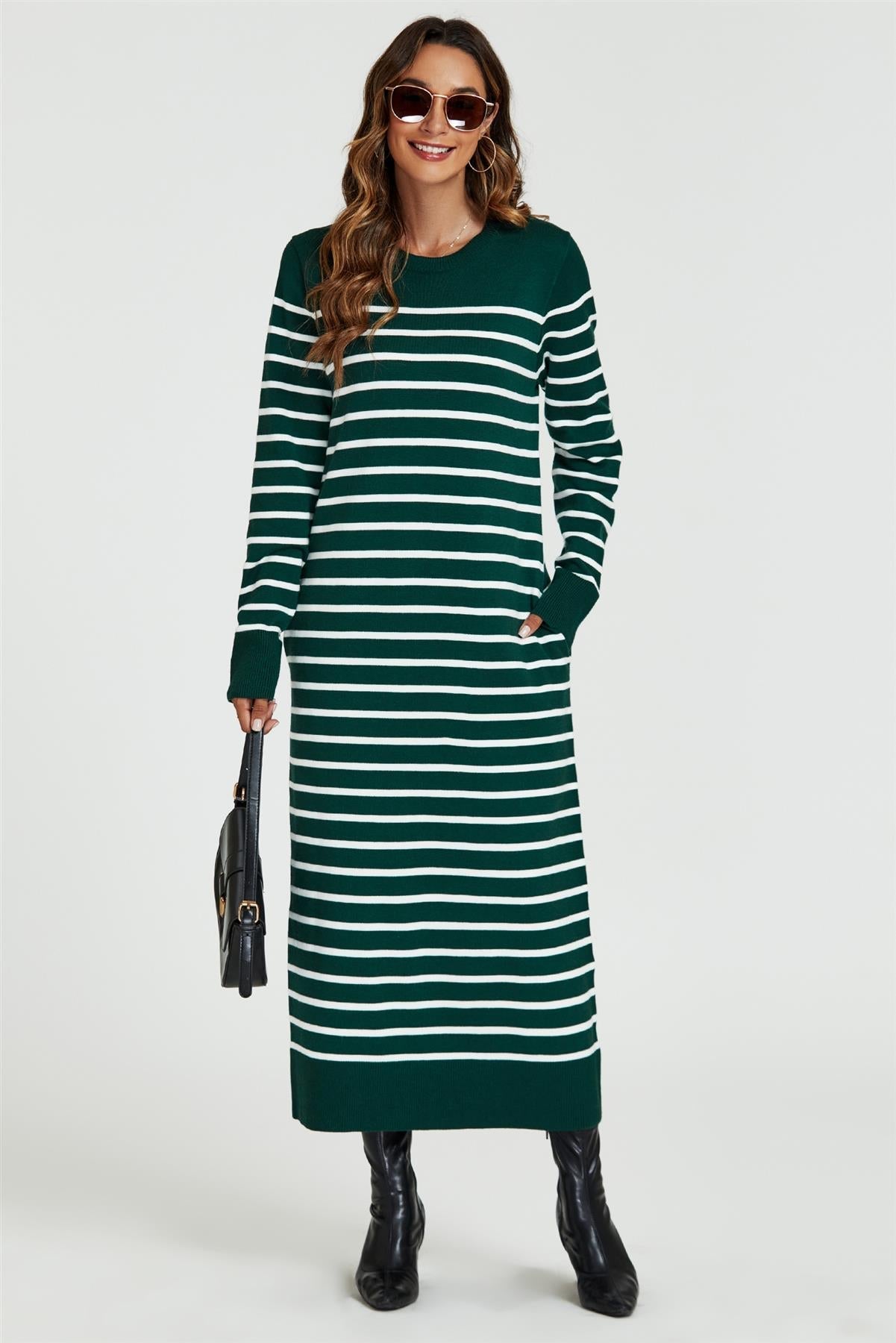 Stripe Pattern Knitted Tunic Jumper Dress In Dark Green