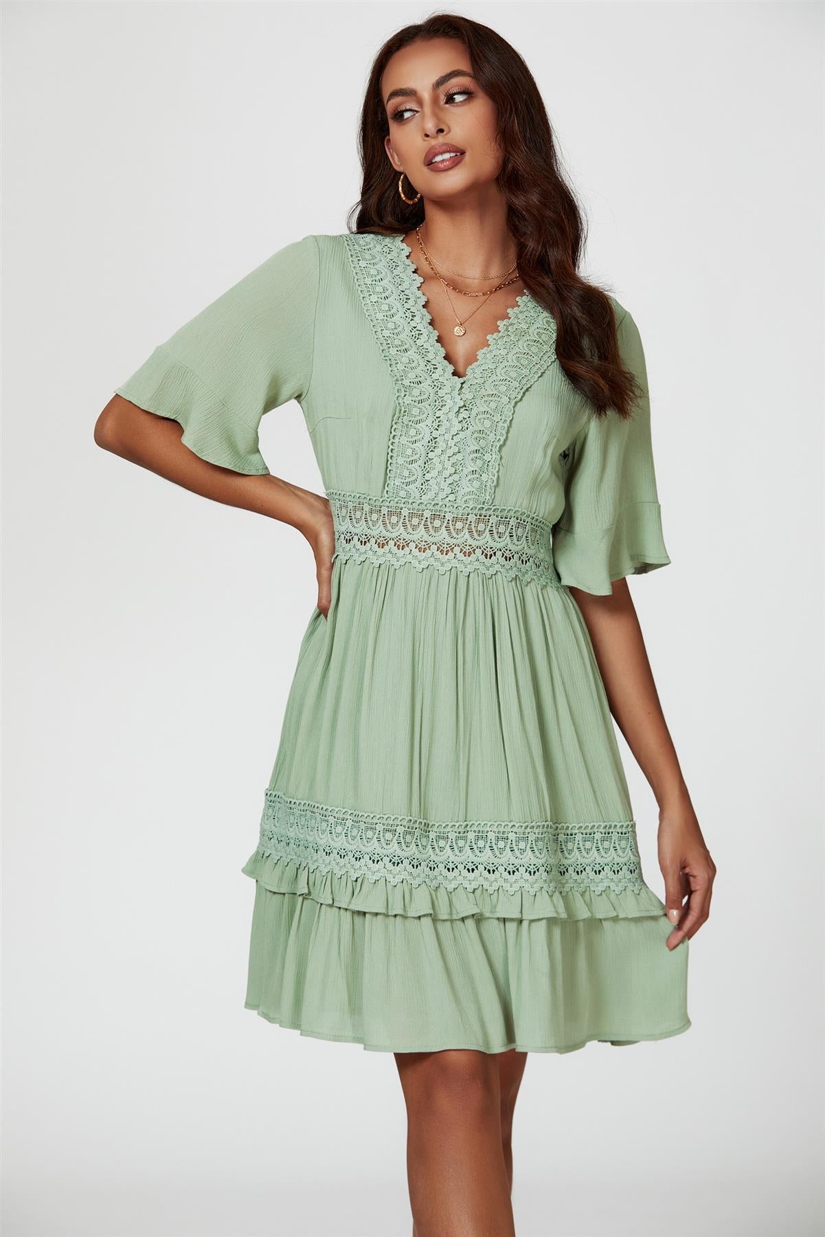V Neck Lace Mini Dress In Green