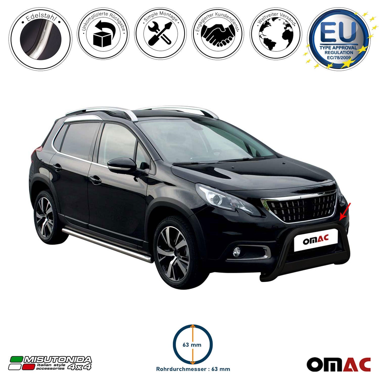 Bară de protecție/buton față pentru Peugeot 2008 2016-2019 ø63mm oțel negru