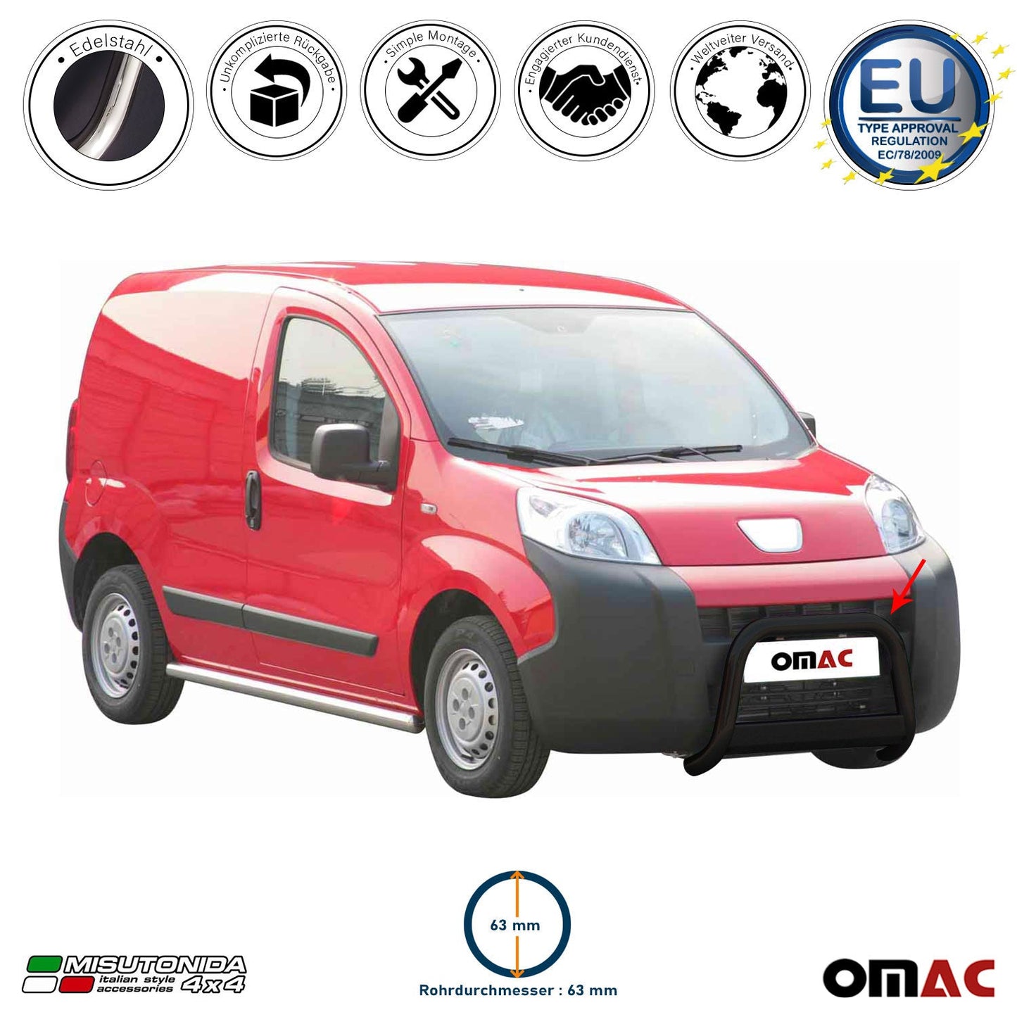 Bară de protecție/buton față pentru Peugeot Bipper 2008-2016 ø63mm oțel negru