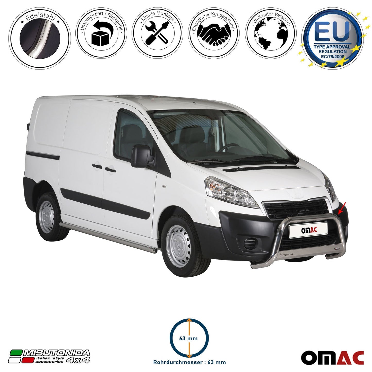 Bară de protecție/buton față pentru Peugeot Expert 2012-2016, ø63mm, oțel, argintiu