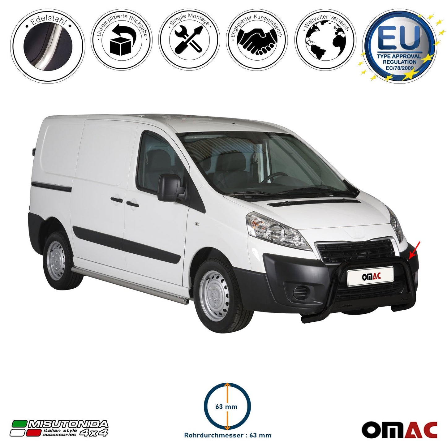 Bară de protecție/buton față pentru Peugeot Expert 2012-2016, ø63mm, oțel, negru