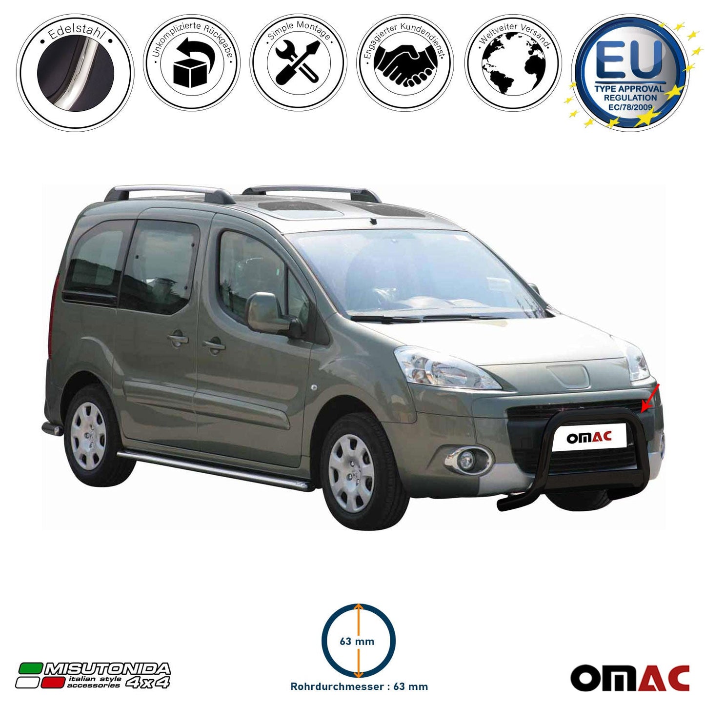 Bară de protecție/buton față pentru Peugeot Partner 2008-2015, ø63mm, oțel, negru