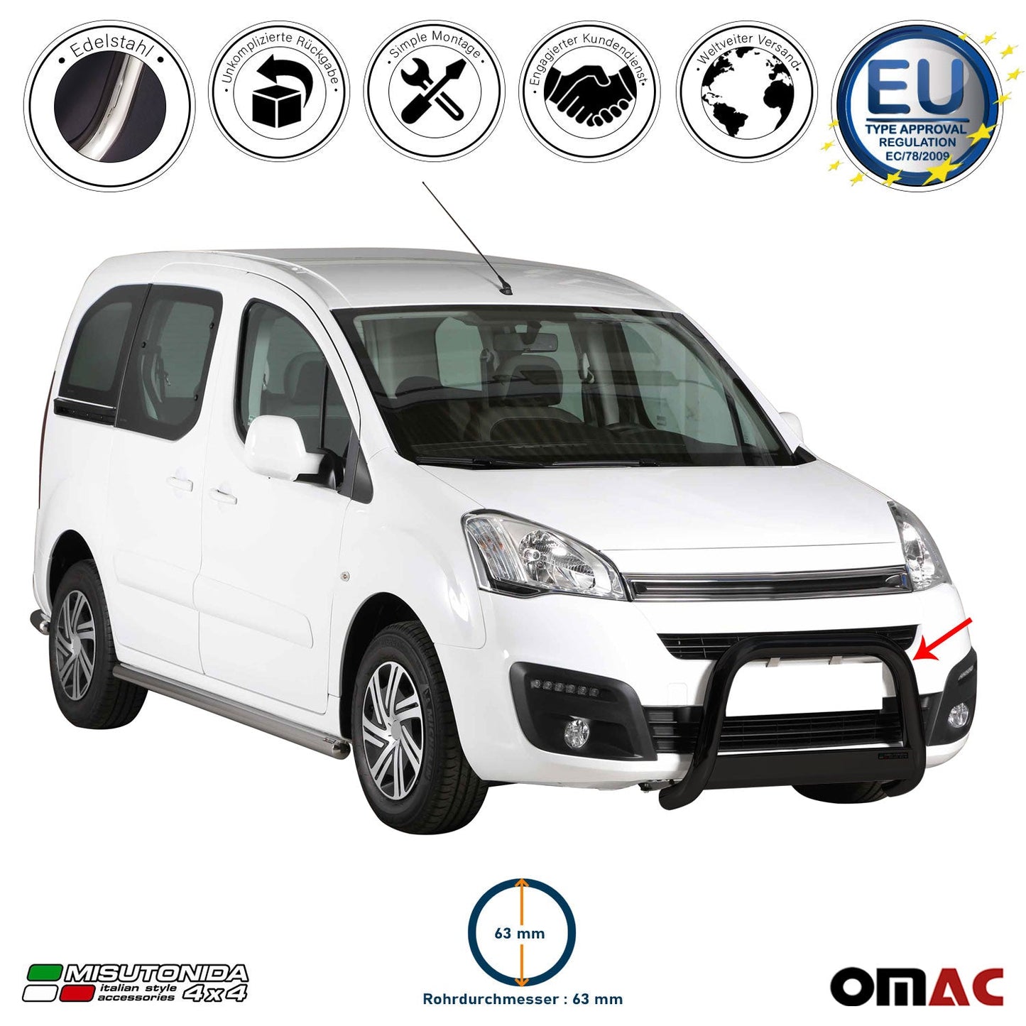 Bară de protecție/buton față pentru Citroen Berlingo 2015-2018 ø63mm oțel negru