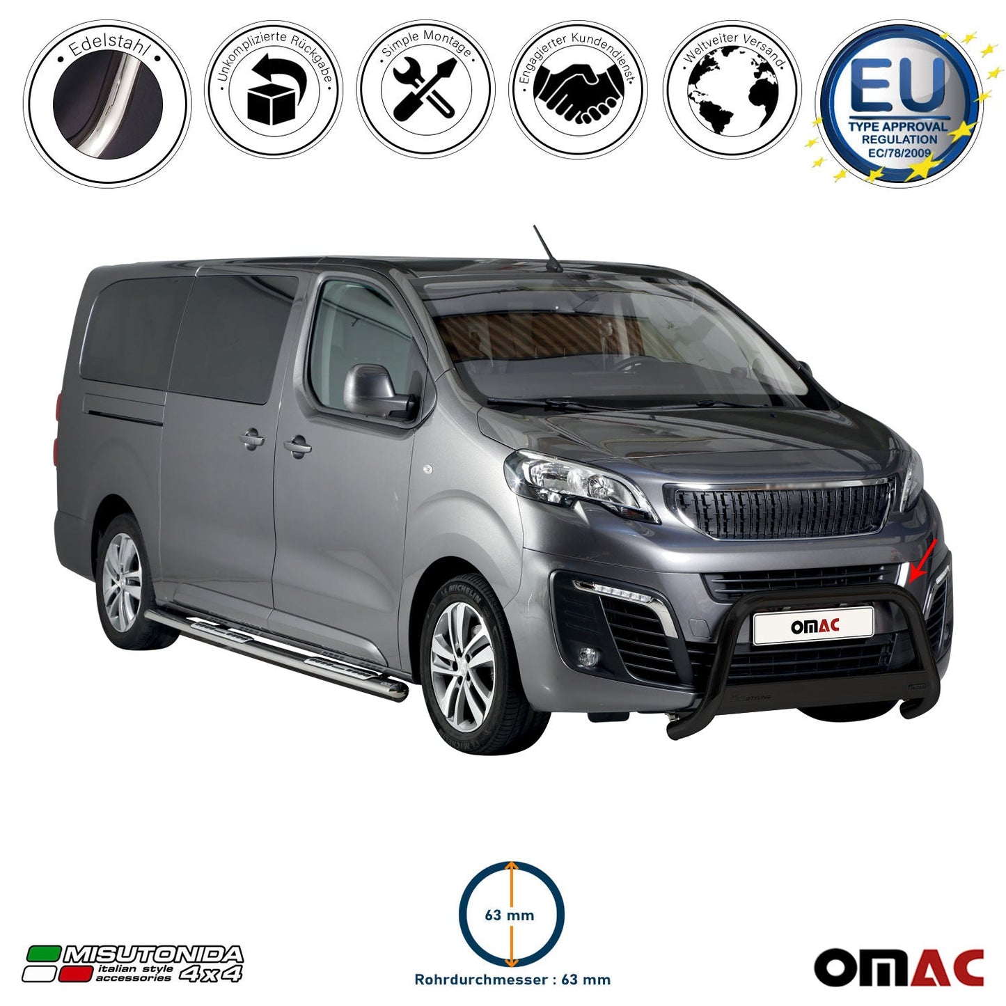 Bară de protecție/buton față pentru Peugeot Expert Traveller 2016-2025 ø63 Negru