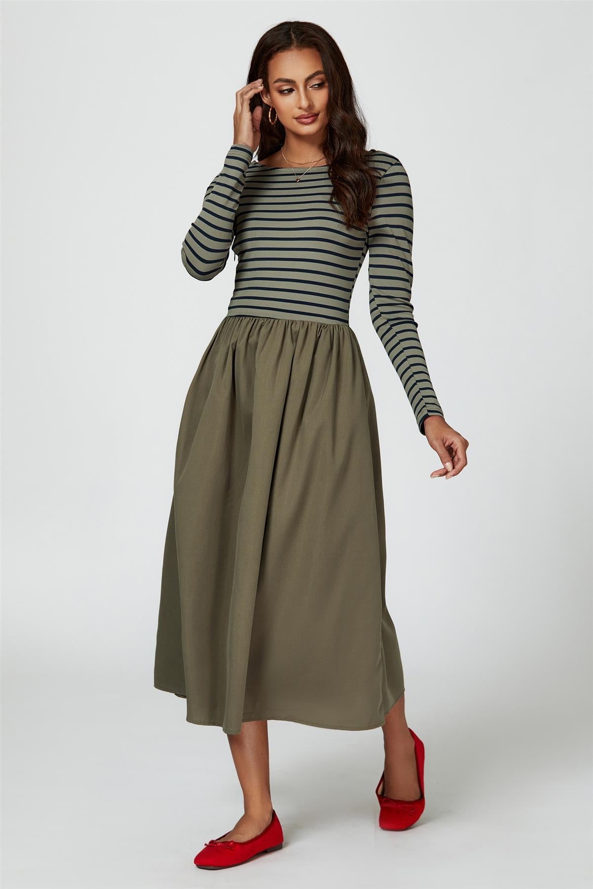 Long Sleeve Stripe Midi Dress In Olive