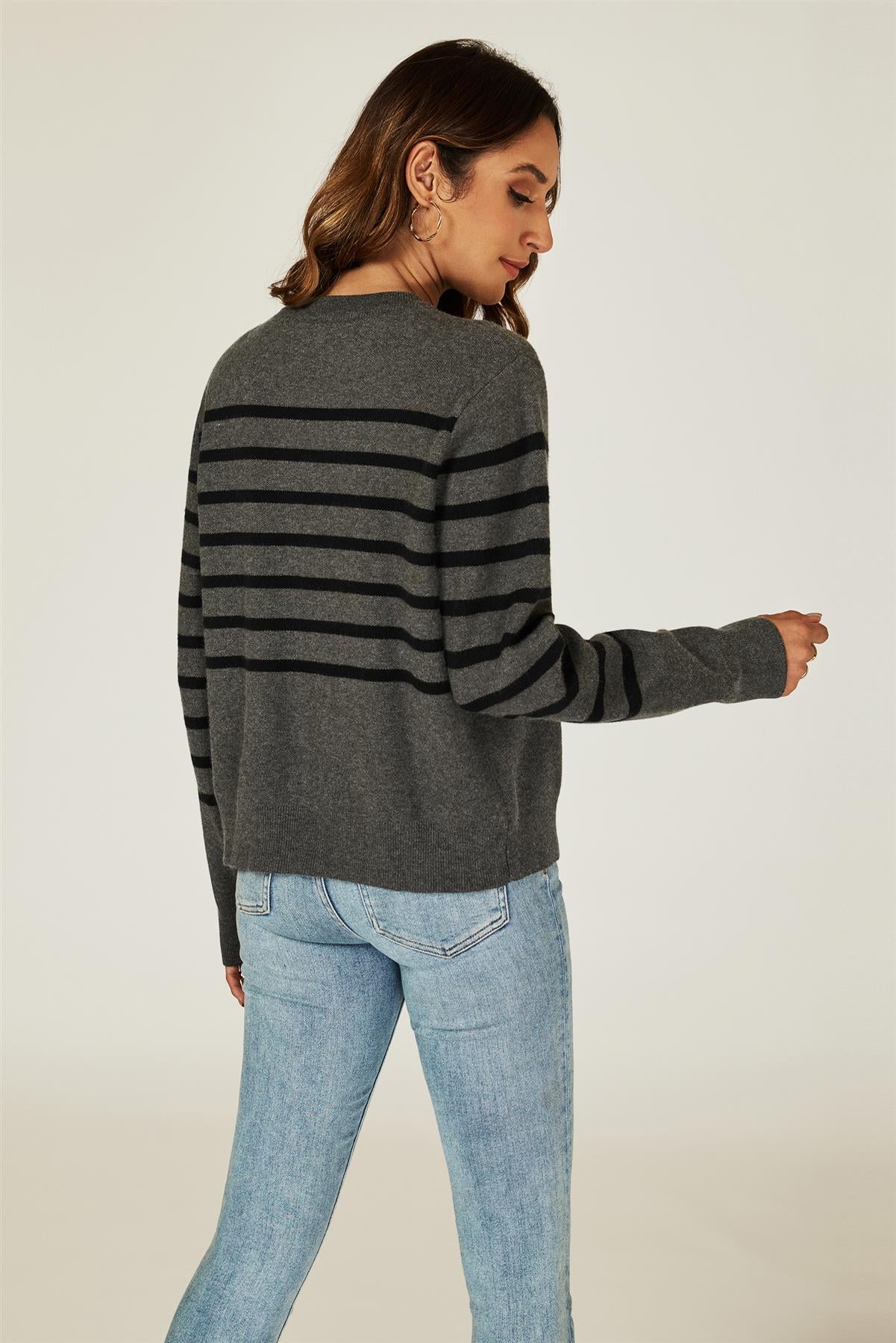 Pocket Stripe Knitted Cardigan In Dark Grey