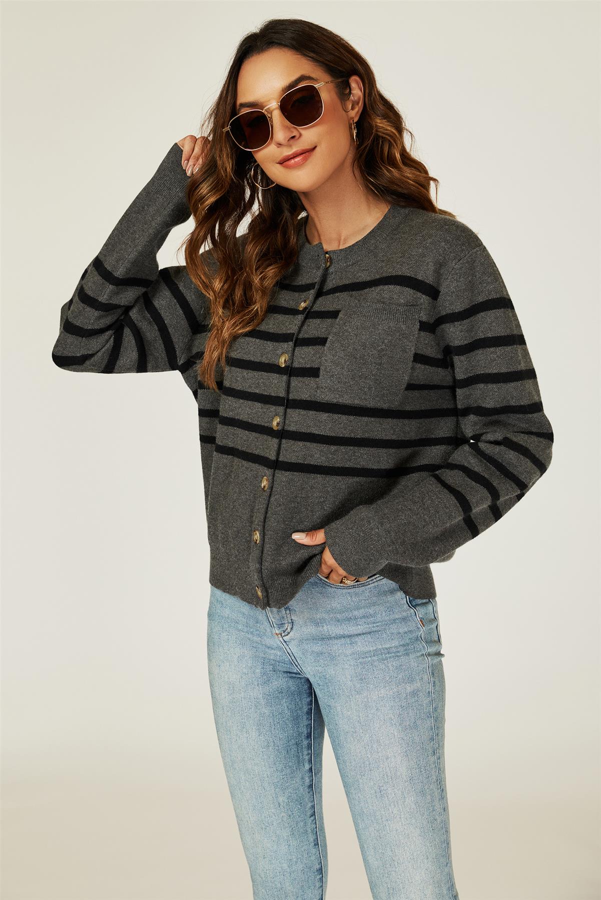 Pocket Stripe Knitted Cardigan In Dark Grey