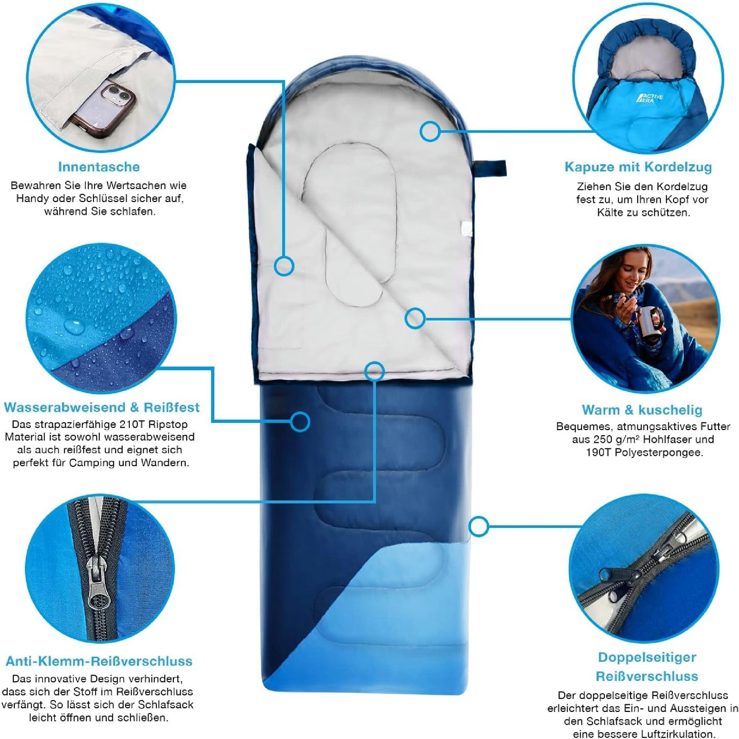 Active Era Schlafsack Rechteckig Wasserdicht - Kapazität 1 Person, Größe M